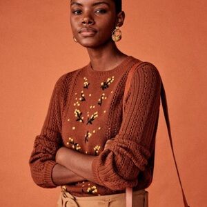 Sezane Gladys pointelle knit brown sweater with yellow floral embroidery